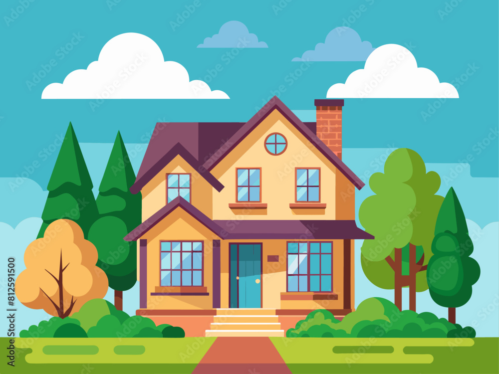 Suburban house cartoon vector illustration. Summer cottage, country house flat color object. Real estate facade, townhouse front view. Two story building, villa