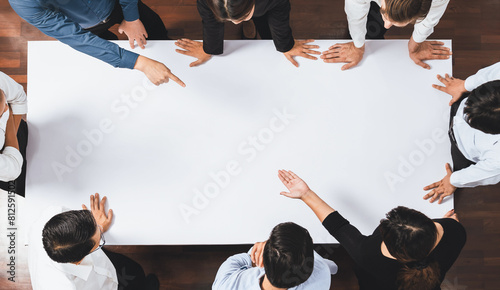 Panorama banner top view of office worker and businesspeople on meeting table pointing to empty space with editable blank background for customer design. Business working and meeting copyspace.Prudent photo