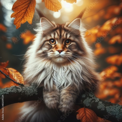 A maine coon cat sitting on a branch with leaves image photo has illustrative meaning has illustrative meaning card design illustrator.