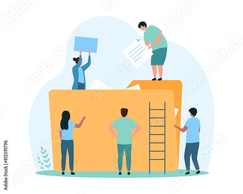 Cloud data storage organization and file management. Tiny people add digital document to big open folder, upload and organize information in web directory and archive cartoon vector illustration