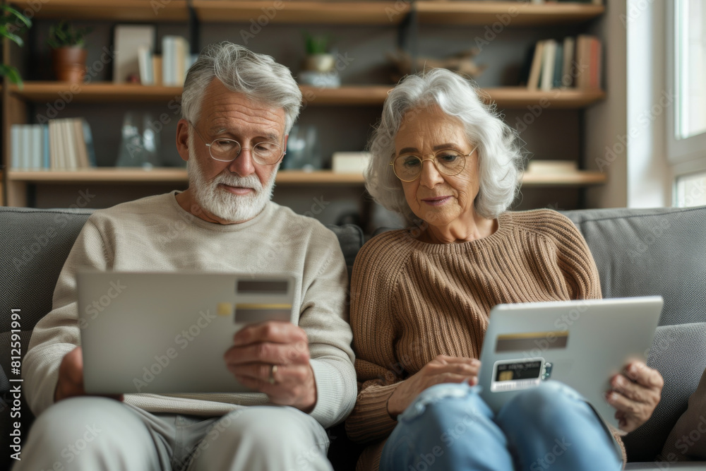 Man and Woman Sitting on Couch Looking at Tablet. Generative AI Man and Woman Sitting on Couch Looking at Tablet. Generative AI