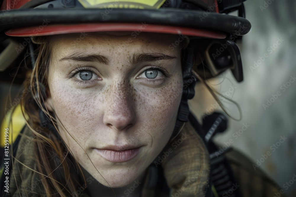 A portrait of a dedicated female firefighter wearing her helmet, showcasing determination A portrait of a dedicated female firefighter wearing her helmet, showcasing determination