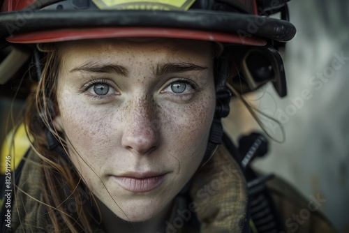 A portrait of a dedicated female firefighter wearing her helmet, showcasing determination