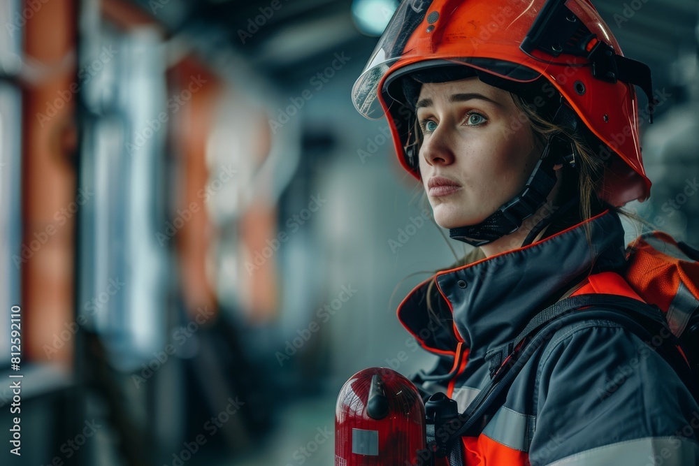 Ready and observant female firefighter with helmet looking away in an industrial setting Ready and observant female firefighter with helmet looking away in an industrial setting