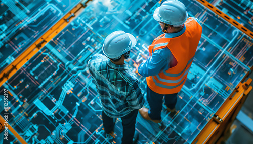 Engineers plotting solar energy distribution on a large digital screen, overhead view, Energy plotting session, technology tone, Colored pastel