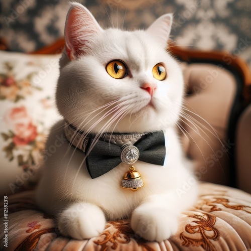 A white cat with a bow tie image used for printingcard design illustrator. photo