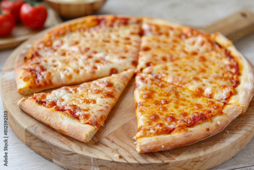 A cheese pizza slice served on a simple wooden plate epitomizes comfort food and casual dining, ready for a quick meal A cheese pizza slice served on a simple wooden plate epitomizes comfort food and casual dining, ready for a quick meal