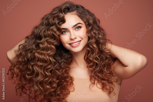 Beautiful smiling woman with long wavy hair.