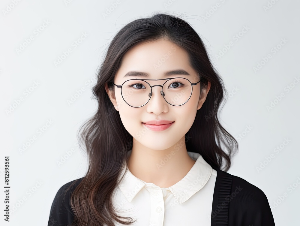 Beautiful young asian woman, company worker in glasses, smiling, standing over white background.