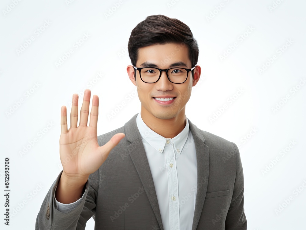 Asian man, company worker in glasses, smiling, standing over white background Asian man, company worker in glasses, smiling, standing over white background