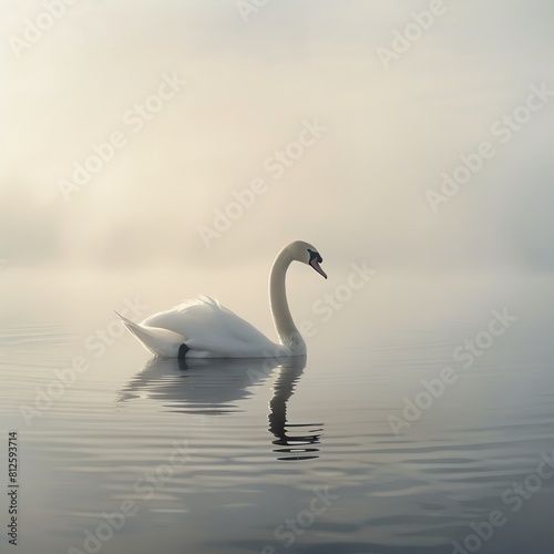 Graceful swan on serene water  low angle  gentle morning light  clear white space