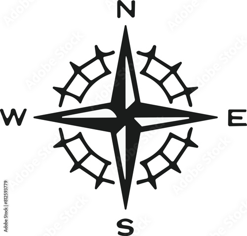 Compass icon. Monochrome navigational compass with cardinal directions of North, East, South, West. Geographical position, cartography and navigation. Vector