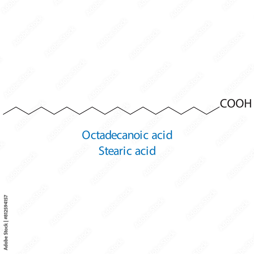 Octadecanoic acid, Stearic acid molecule skeletal structure diagram.fatty acid compound molecule scientific illustration on white background. Octadecanoic acid, Stearic acid molecule skeletal structure diagram.fatty acid compound molecule scientific illustration on white background.