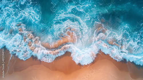cean waves on the beach  aerial view  photorealistic  top down view  high resolution  hyper realistic  high definition  hyper detailed  photography