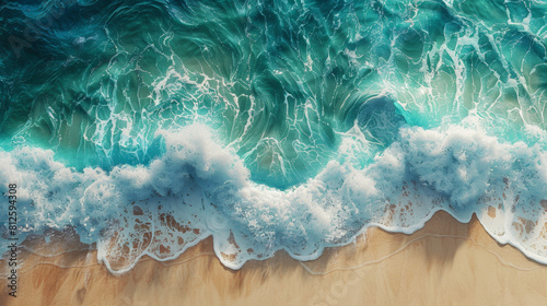 cean waves on the beach, aerial view, photorealistic, top down view, high resolution, hyper realistic, high definition, hyper detailed, photography photo