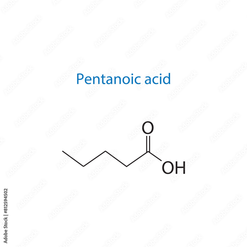 Pentanoic acid molecule skeletal structure diagram.organic compound molecule scientific illustration on white background.