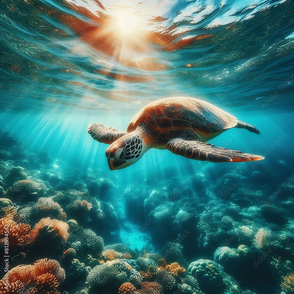 Fototapeta premium A turtle swimming through the ocean