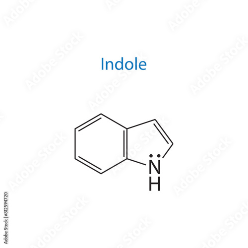 Indole molecule skeletal structure diagram.organic compound molecule scientific illustration on white background.