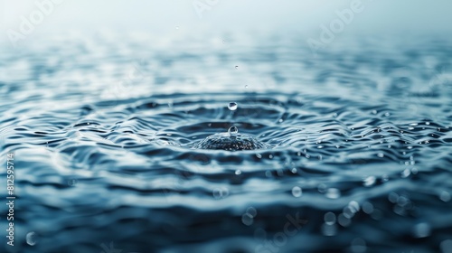 Macro shot capturing a single water droplet impacting a body of water, creating concentric ripples around it. 