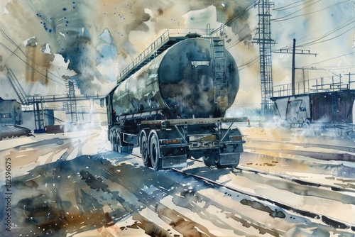 A painting of a train on a train track. Suitable for transportation themes