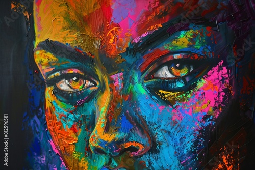 A dark gradient background is accented by a colorful abstract edge on the side