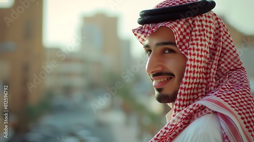 A confident, happy Saudi, Gulf man wearing a arabic thobe and shemagh photo
