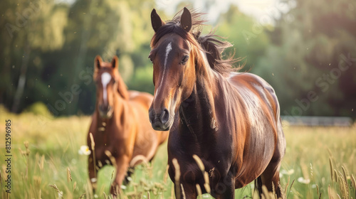 Horses on pasture on blurred background