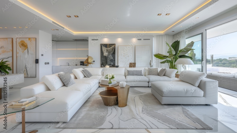 Stylish White Living Room with Ocean View and Modern Minimalist Decor Stylish White Living Room with Ocean View and Modern Minimalist Decor