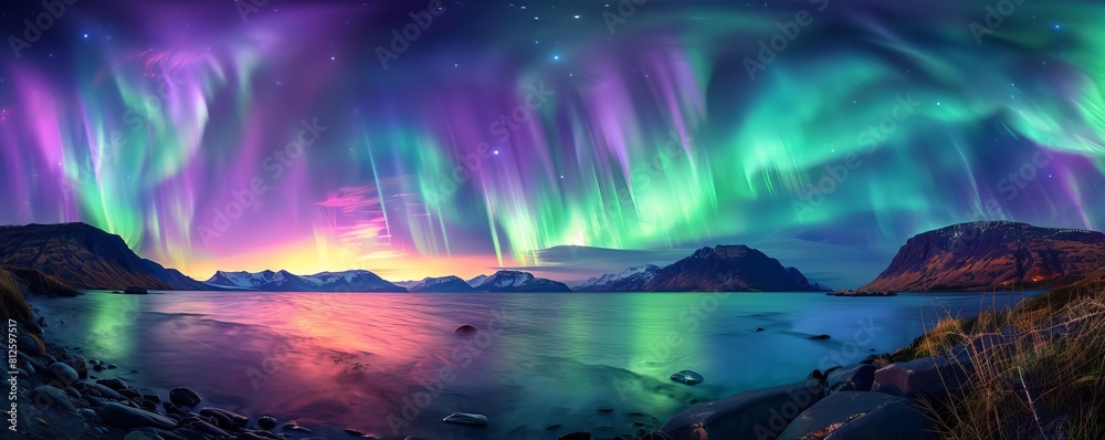 Fototapeta premium Spectacular display of an aurora storm illuminating the night sky with vibrant green and purple lights