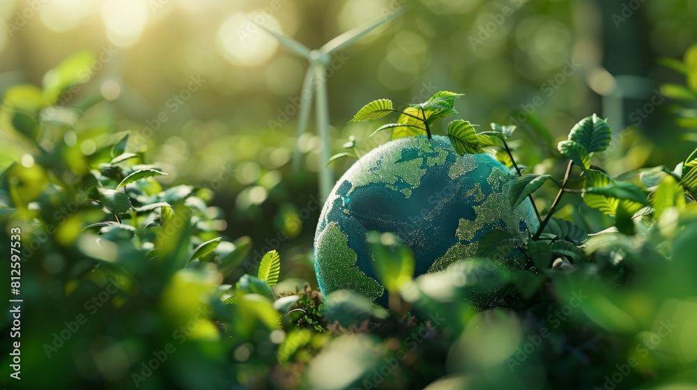 Green earth concept with a globe surrounded by renewable energy sources and conservation project Green earth concept with a globe surrounded by renewable energy sources and conservation project