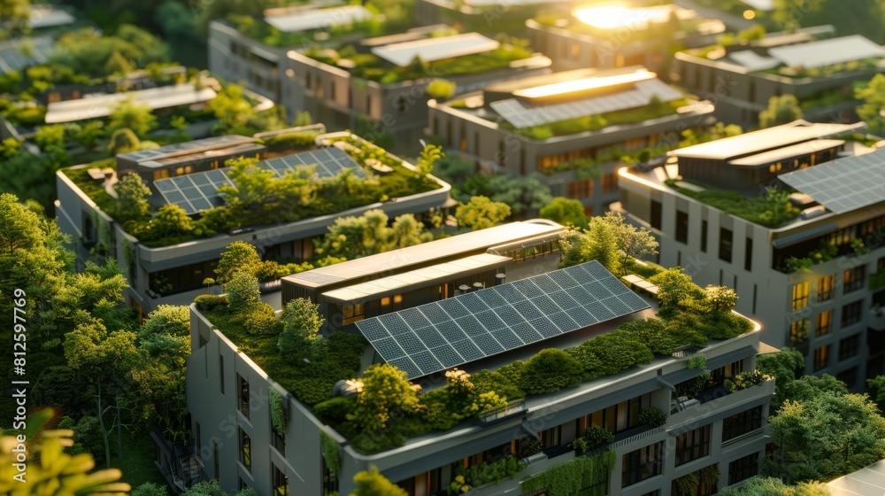 Green energy concept with solar panels on rooftop