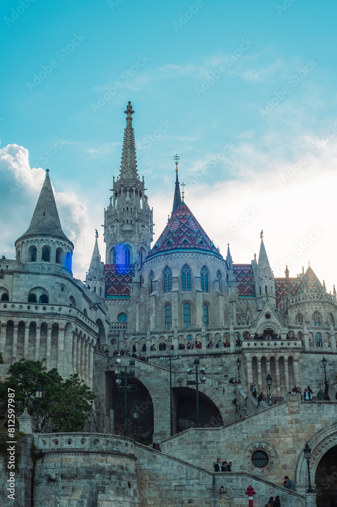 View of the Old Fishermen Bastion in Budapest in sunset. Hungary View of the Old Fishermen Bastion in Budapest in sunset. Hungary