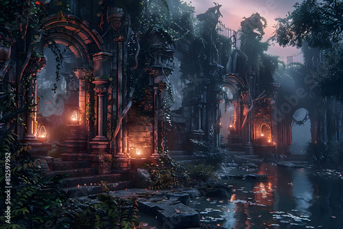 A beautiful overgrown ruin, with a dark and mysterious atmosphere. The perfect setting for a fantasy adventure.
