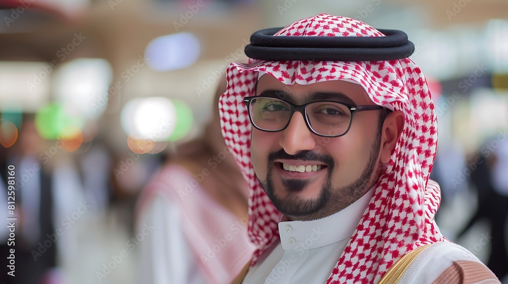 A confident, happy Saudi, Gulf man wearing a arabic thobe and shemagh