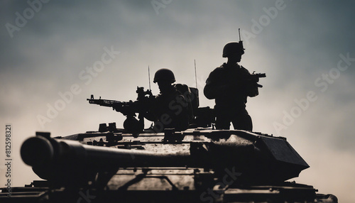 silhouette of soldier holding gun on top of tank

 photo