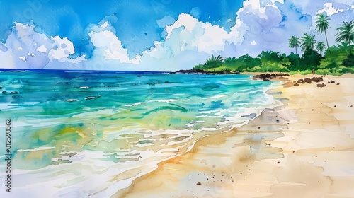 Idyllic watercolor painting of a pristine beach for a dreamy holiday escape © KerXing