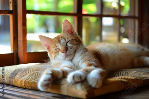 A ginger cat relaxes on a golden cushion by the window, basking in warm sunlight and exemplifying homely comfort photo