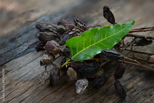 Neem or azadirachta indica dried fruits and leaf on an old wooden  background. photo
