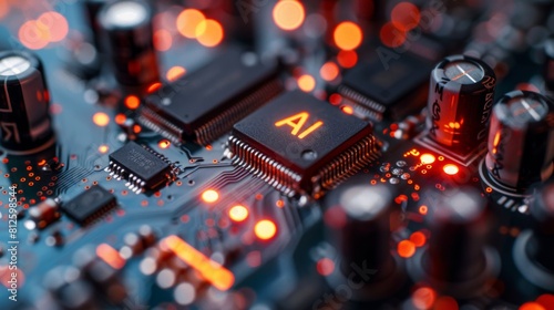 Detailed closeup shot of an electronic circuit board with capacitors, microchips, and a glowing a symbol in soft focus