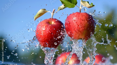 Two apples are falling into a stream of water