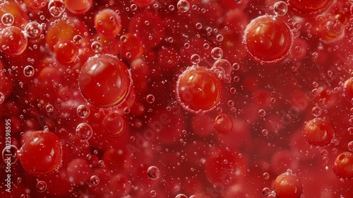 Dynamic and textured topdown macro shot of vibrant red liquid with bubbles in varying sizes