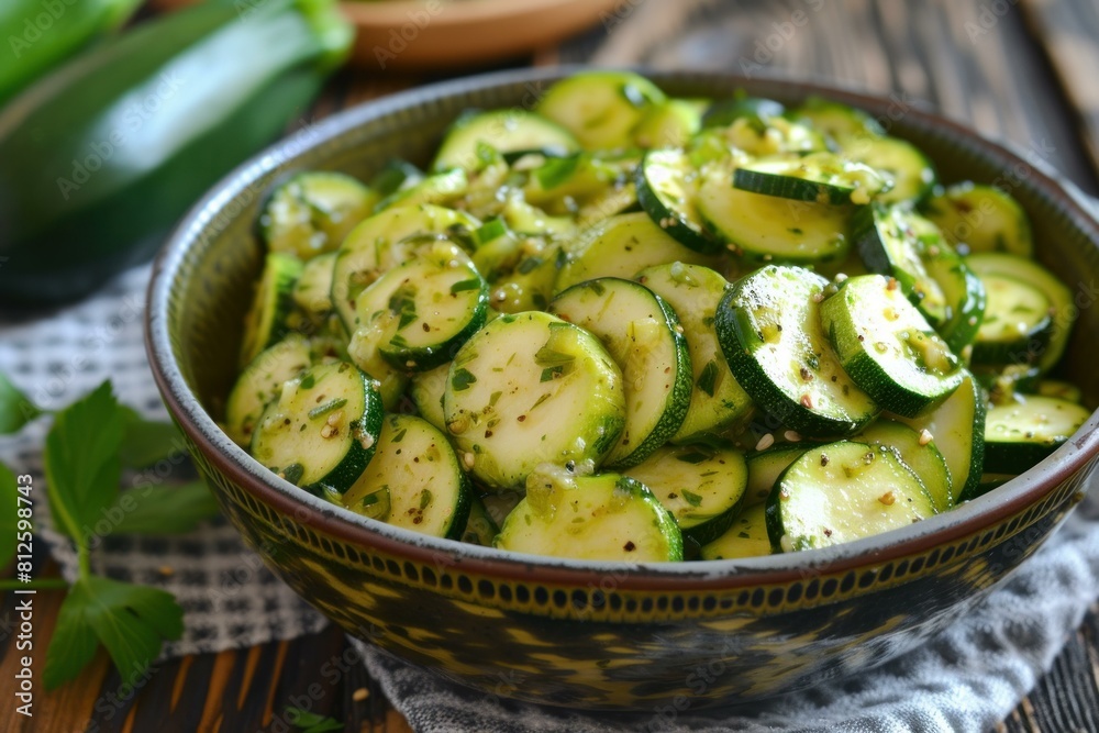 Bowl of sliced zucchini salad garnished with herbs on a rustic wooden table Bowl of sliced zucchini salad garnished with herbs on a rustic wooden table