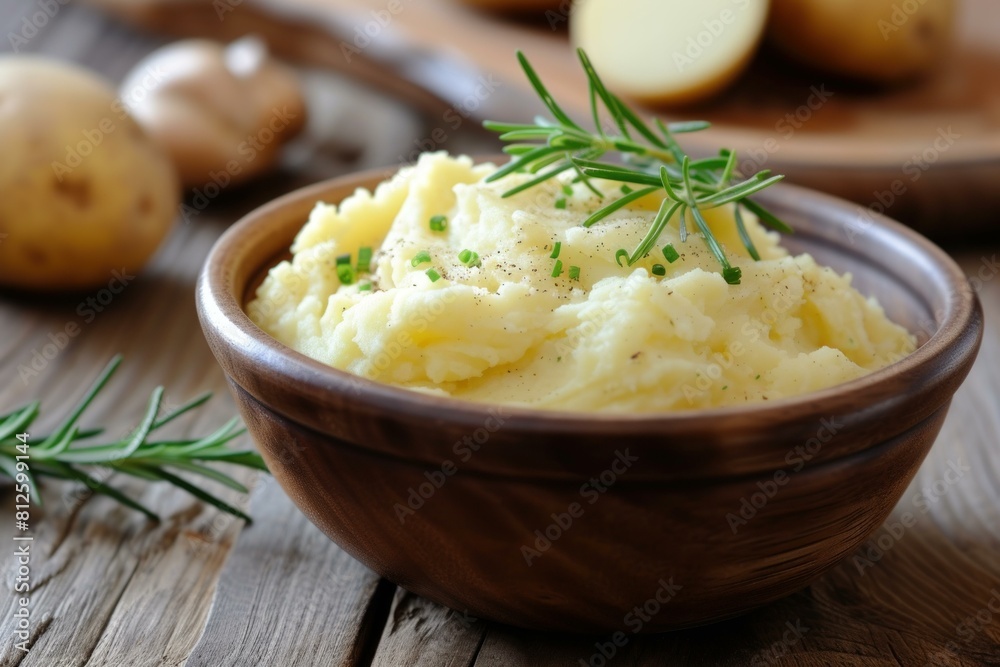 Bowl of mashed potatoes garnished with rosemary and chives on a rustic wooden table Bowl of mashed potatoes garnished with rosemary and chives on a rustic wooden table