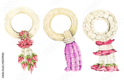 Set of Thai garland colorful flower for Mother's day, Songkran festival or religion buddhism observation day. Watercolor illustration.