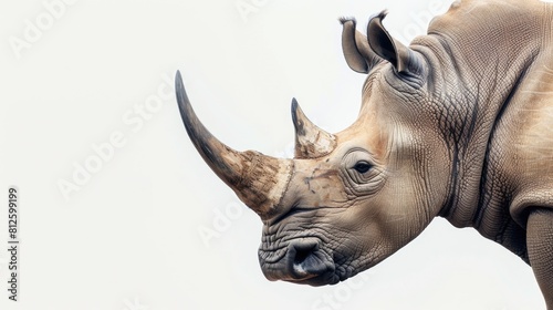 Close-up shot of a rhino on a plain white background. Perfect for educational materials and wildlife publications photo