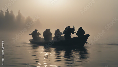 silhouette of underwater commando team advancing on boat in foggy sunrise.