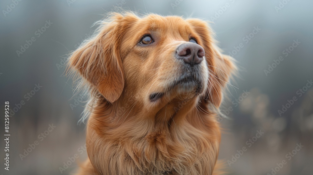 Studio portrait of a dog looking forward on a light gray background