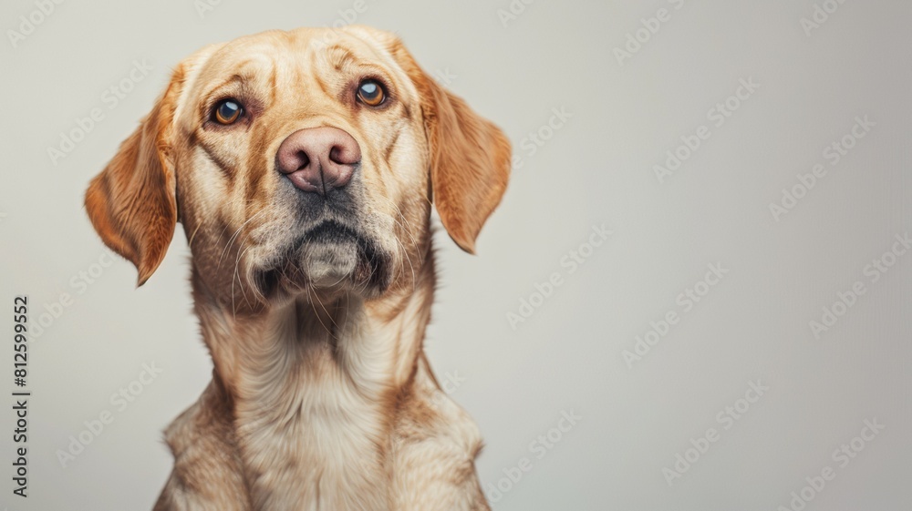 Studio portrait of a dog looking forward on a light gray background Studio portrait of a dog looking forward on a light gray background