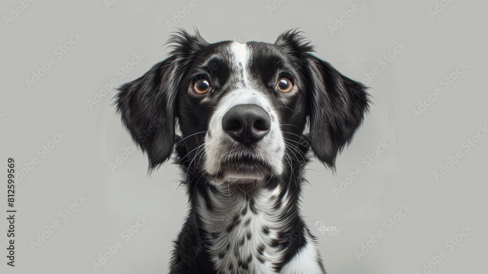 Studio portrait of a black and white dog looking forward on a light gray background Studio portrait of a black and white dog looking forward on a light gray background