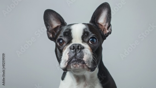 Studio portrait of a black and white dog looking forward on a light gray background © Igbal